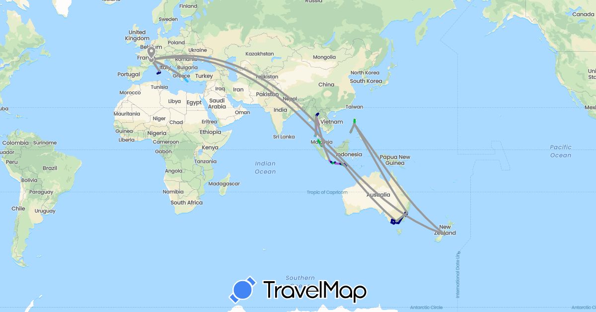 TravelMap itinerary: driving, bus, plane, cycling, train, hiking, boat in Australia, France, Greece, Indonesia, Italy, Malaysia, New Zealand, Philippines, Singapore, Thailand (Asia, Europe, Oceania)